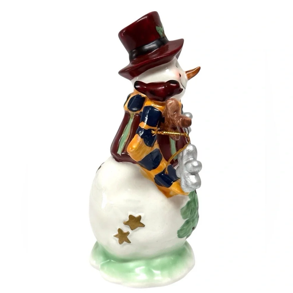 Festive Snowman Figurine Ceramic with Red Hat & Green Scarf Christmas EUC